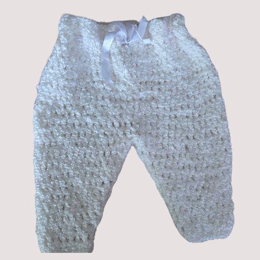 White Knit Pants with Ribbon Waist 6-12m