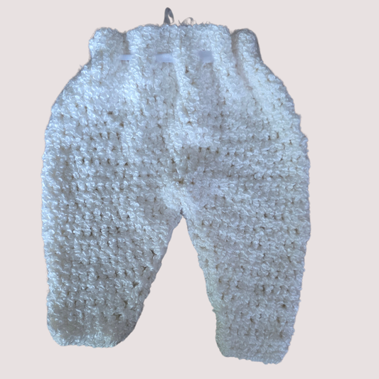 White Knit Pants with Ribbon Waist 6-12m